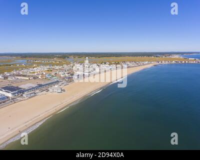 Hampton Beach aerial view including historic waterfront buildings on Ocean Boulevard and Hampton Beach State Park, Town of Hampton, New Hampshire NH, Stock Photo