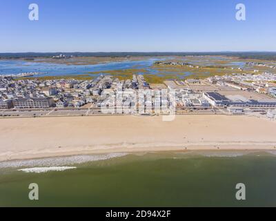 Hampton Beach aerial view including historic waterfront buildings on Ocean Boulevard and Hampton Beach State Park, Town of Hampton, New Hampshire NH, Stock Photo