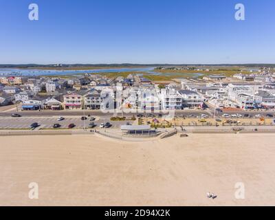 Hampton Beach aerial view including historic waterfront buildings on Ocean Boulevard and Hampton Beach State Park, Town of Hampton, New Hampshire NH, Stock Photo