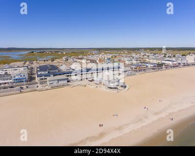 Hampton Beach aerial view including historic waterfront buildings on Ocean Boulevard and Hampton Beach State Park, Town of Hampton, New Hampshire NH, Stock Photo