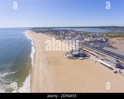 Hampton Beach aerial view including historic waterfront buildings on Ocean Boulevard and Hampton Beach State Park, Town of Hampton, New Hampshire NH, Stock Photo