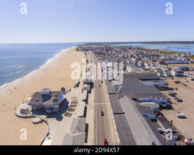 Hampton Beach aerial view including historic waterfront buildings on Ocean Boulevard and Hampton Beach State Park, Town of Hampton, New Hampshire NH, Stock Photo