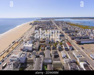 Hampton Beach aerial view including historic waterfront buildings on Ocean Boulevard and Hampton Beach State Park, Town of Hampton, New Hampshire NH, Stock Photo