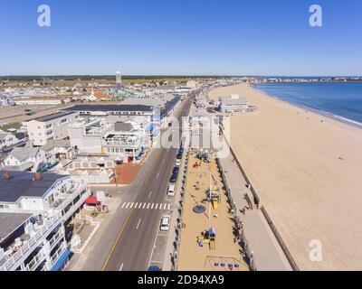 Hampton Beach aerial view including historic waterfront buildings on Ocean Boulevard and Hampton Beach State Park, Town of Hampton, New Hampshire NH, Stock Photo