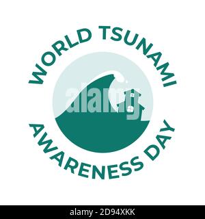World Tsunami Awareness Day, 5 November. High tide waves conceptual illustration vector. visible from the seashore and marine life Stock Vector