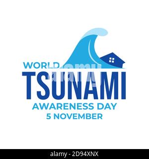 World Tsunami Awareness Day, 5 November. High tide waves conceptual illustration vector. visible from the seashore and marine life Stock Vector