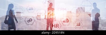 Erp Crm Hr Innovation inscriptions and icons on business background. Stock Photo