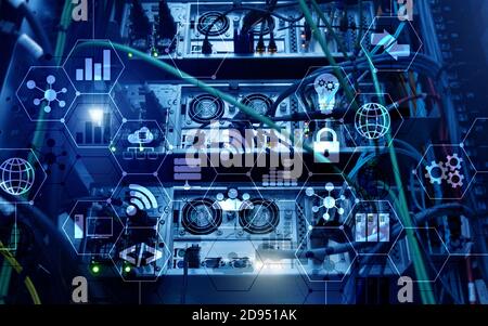 Abstract Internet digital technology concept server rack room background. Stock Photo