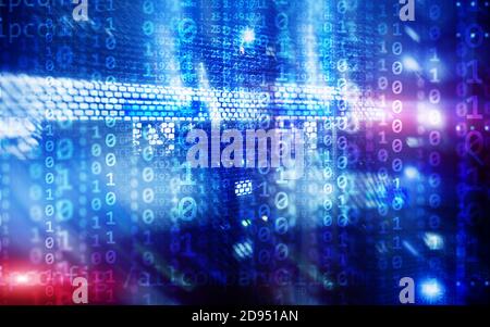 Binary code matrix digital internet technology concept on server room background. Stock Photo