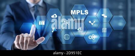 MPLS. Multiprotocol Label Switching. Routing Telecommunications Networks Concept on virtual screen. Stock Photo