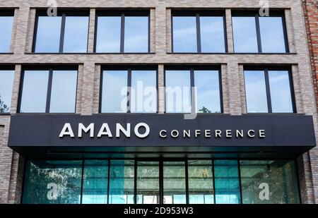 Berlin, Germany. 02nd Nov, 2020. The lettering 'Amano Conference' on the Hotel Amano East Side at Stralauer Platz. The hotel is scheduled to open in 2021. The Amano Group is a Berlin hotel company and was founded in 2009. The group currently owns eight hotels. Credit: Jens Kalaene/dpa-Zentralbild/ZB/dpa/Alamy Live News Stock Photo