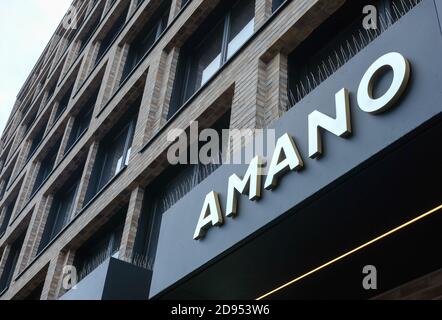 Berlin, Germany. 02nd Nov, 2020. The lettering 'Amano' on the Hotel Amano East Side at Stralauer Platz. The hotel is scheduled to open in 2021. The Amano Group is a Berlin hotel company and was founded in 2009. The group currently owns eight hotels. Credit: Jens Kalaene/dpa-Zentralbild/ZB/dpa/Alamy Live News Stock Photo