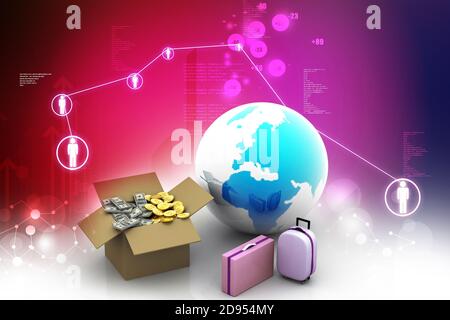 Open Cardboard  box money  with globe and suitcases Stock Photo