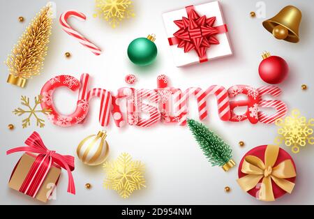 Christmas vector banner background. Christmas 3d text with colorful xmas decoration elements like gifts, balls and snowflakes for holiday season. Stock Vector