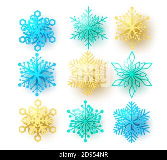 Snowflake vector set. Snow flakes elements in different color and shapes isolated in white background for winter holiday season decoration collection. Stock Vector