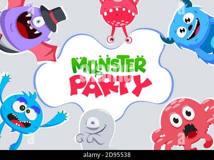 Monster party vector banner template. Monster party text with creepy creature characters like alien, octopus, goblin and snail for kids horror. Stock Vector