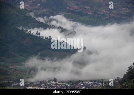 tourist destinations in the Dieng Plateau, Central Java. see rural scenery at the foot of the Sikunir mountains and Mount Sindoro and the hills decora Stock Photo