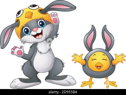 Vector illustration of Happy rabbit and chicken cartoon in costume Stock Vector