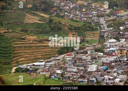 tourist destinations in the Dieng Plateau, Central Java. see rural scenery at the foot of the Sikunir mountains and Mount Sindoro and the hills decora Stock Photo