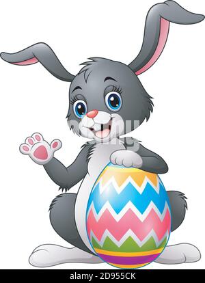 Vector illustration of Cartoon bunny waving hand with holding Easter egg Stock Vector
