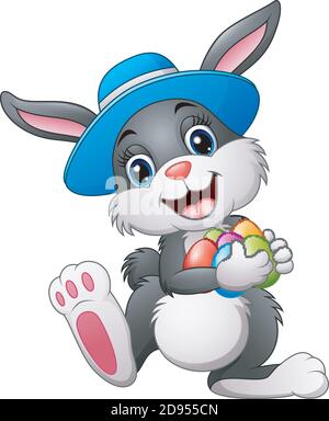 Happy easter bunny wearing a hat carrying eggs Stock Vector