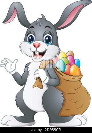 Vector illustration of Easter bunny rabbit with easter eggs a sack of full Stock Vector
