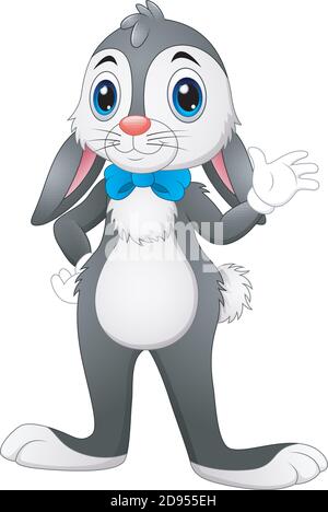 Vector illustration of Cartoon bunny waving hand with blue bow on a white background Stock Vector