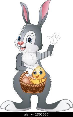 Vector illustration of Easter bunny holding a basket with easter egg and chick Stock Vector