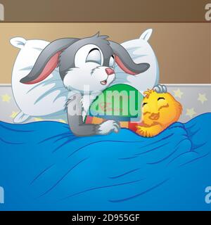 Easter rabbit and chicken easter sleeping together in bed with easter egg Stock Vector