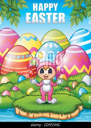 Cute girl wearing a pink bunny costume juggling easter eggs in the woods near the river Stock Vector
