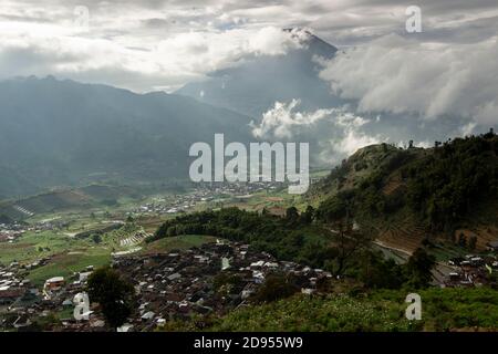 tourist destinations in the Dieng Plateau, Central Java. see rural scenery at the foot of the Sikunung mountains and Mount Sindoro and the hills decor Stock Photo