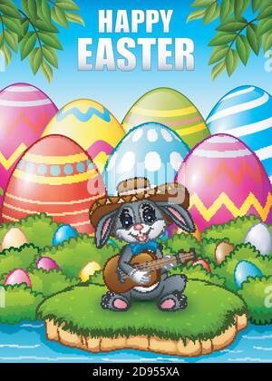 Rabbit mexican relax playing guitar and singing in the woods near the river Stock Vector