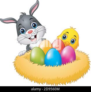 Vector illustration of Easter rabbit with chicks and colorful eggs in the nest Stock Vector