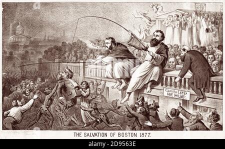 Political cartoon mocking American evangelists D.L. Moody and Ira Sankey in Boston in March 1877. Stock Photo