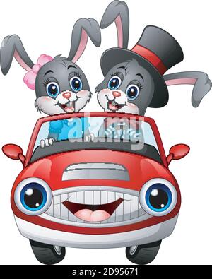 Vector illustration of Romantic couples cartoon rabbit driving a car Stock Vector