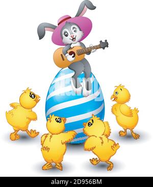 Cartoon rabbit playing guitar on a large egg is decorated and surrounded by chicks Stock Vector