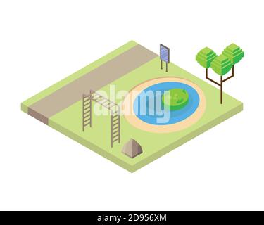lake and gimnastic bars park scene Isometric style icon vector illustration design Stock Vector