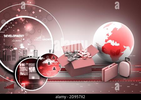 Open Cardboard  box money  with globe and suitcases Stock Photo