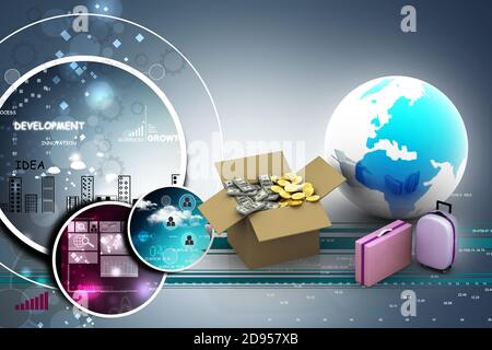 Open Cardboard  box money  with globe and suitcases Stock Photo