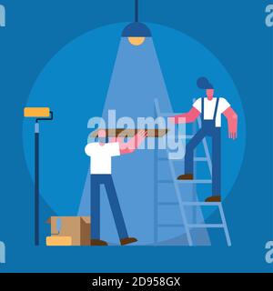 constructors workers team remodeling in stairs with wooden board vector illustration design Stock Vector