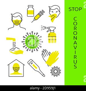 Coronavirus prevention banner in thin line style Stock Vector