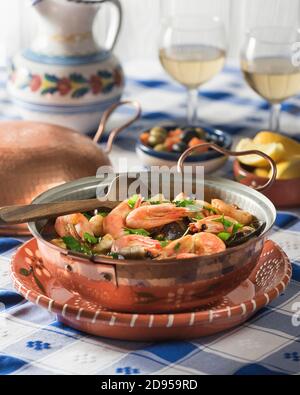 Cataplana de mariscos. Seafood casserole. Food Portugal Stock Photo