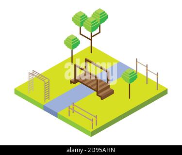 bridge and playground bars park scene Isometric style icon vector illustration design Stock Vector