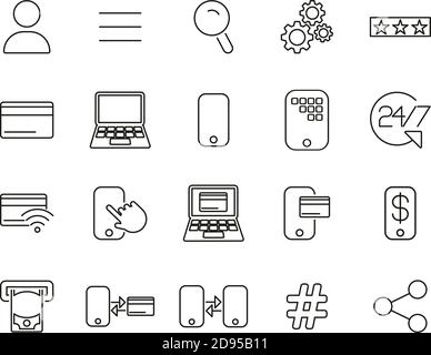 Mobile Banking Icons Black & White Thin Line Set Big Stock Vector