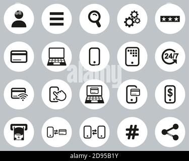 Mobile Banking Icons Black & White Flat Design Circle Set Big Stock Vector