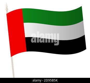 Vector Waving flag on a flagpole. The national flag of UAE. Color symbol isolated on white. Stock Vector