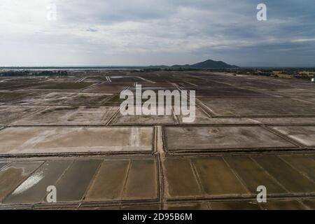 Krong Kampot Salt Fields in Cambodia Asia Aerial Drone Photo view Stock Photo
