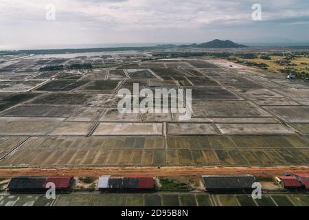 Krong Kampot Salt Fields in Cambodia Asia Aerial Drone Photo view Stock Photo
