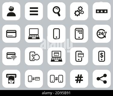 Mobile Banking Icons Black & White Flat Design Set Big Stock Vector