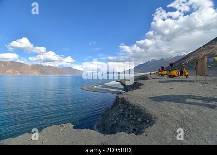 Pangong Lake in summer. Located in the Changthang region, eastern Ladakh, it is one of the world's highest saltwater lakes, at an elevation of 4,350m Stock Photo